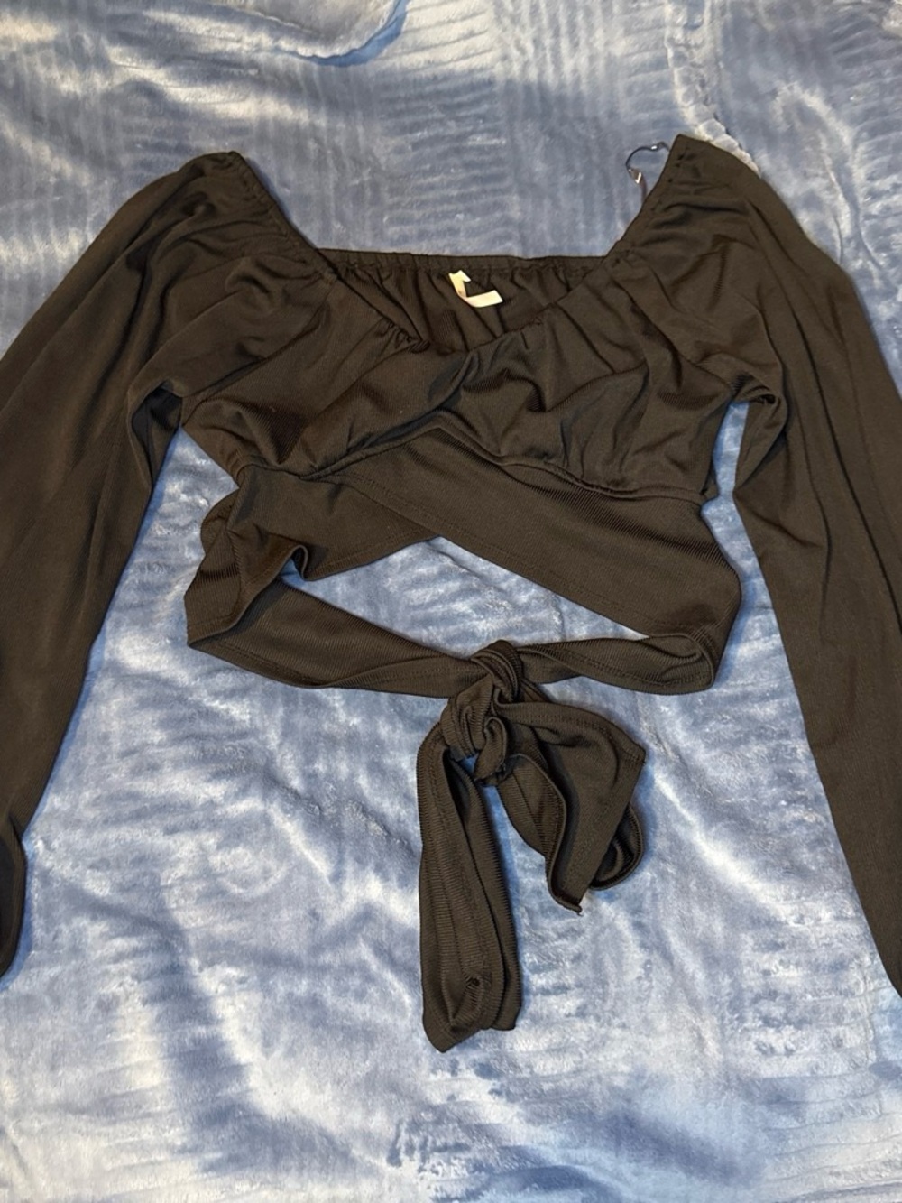 Black Long-Sleeve Wrap Crop Top with Tie Front